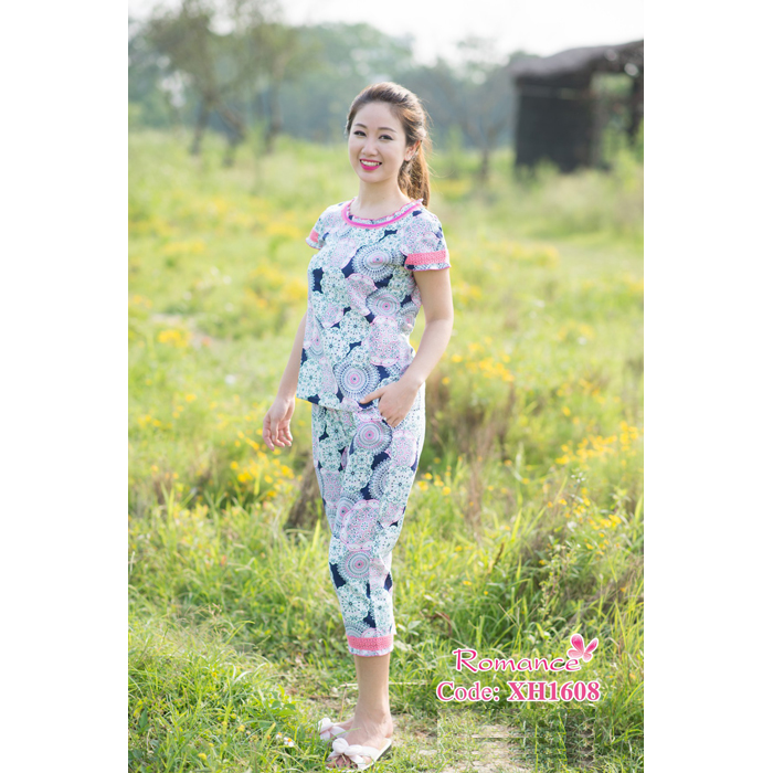 Bộ mặc nhà lửng cổ bèo nhún Romance họa tiết hoa xanh - XH1608