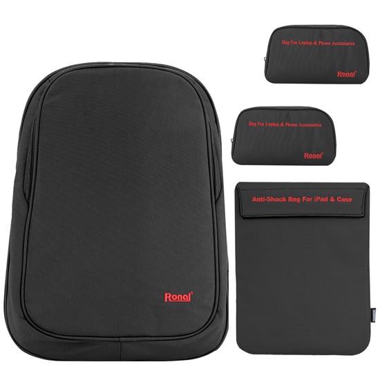 Bộ sản phẩm Ronal combo 08 đen đỏ: 1 ba lô 42 + 1 Túi chống sốc ipad+ 2 Túi phụ kiện-COMBO08_DEN_DO