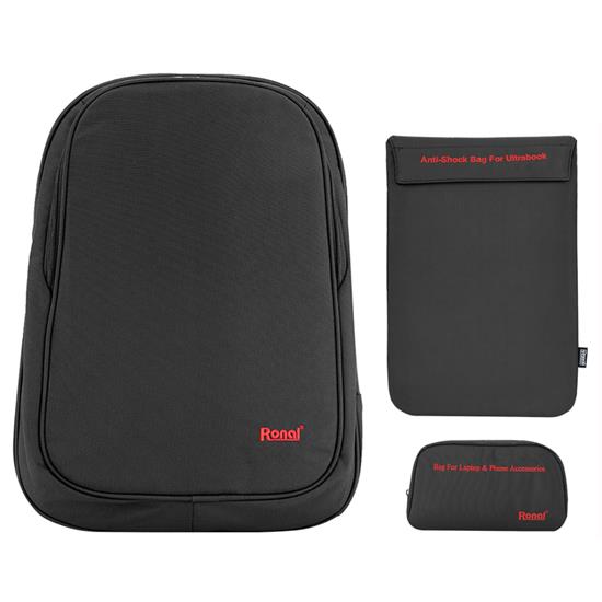 Bộ sản phẩm Ronal combo 09 đen đỏ: 1 ba lô 42 + 1 Túi chống sốc Ultrabook + 1 Túi phụ kiện-COMBO09_DEN_DO