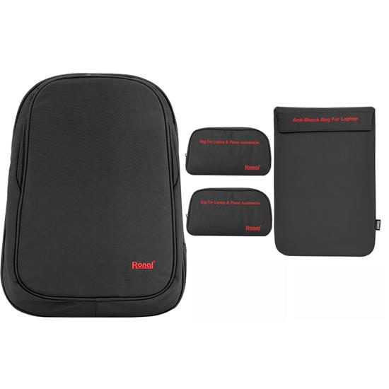 Bộ sản phẩm Ronal combo 14 đen đỏ: 1 ba lô 42 + 1 Túi chống sốc laptop + 2 Túi phụ kiện-COMBO14_DEN_DO