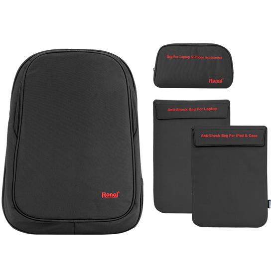 Bộ sản phẩm Ronal combo 15 đen đỏ: 1 ba lô 42 + 1 Túi chống sốc ipad+ 1 Túi chống sốc laptop + 1 Túi phụ kiện-COMBO15_DEN_DO