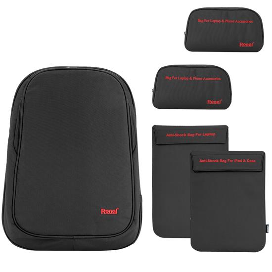 Bộ sản phẩm Ronal combo 16 đen đỏ: 1 ba lô 42 + 1 Túi chống sốc ipad+ 1 Túi chống sốc laptop + 2 Túi phụ kiện-COMBO16_DEN_DO