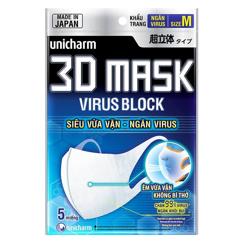 Khẩu Trang Unicharm 3D Mask Virus Block Ngăn Virus (5 miếng /Gói)