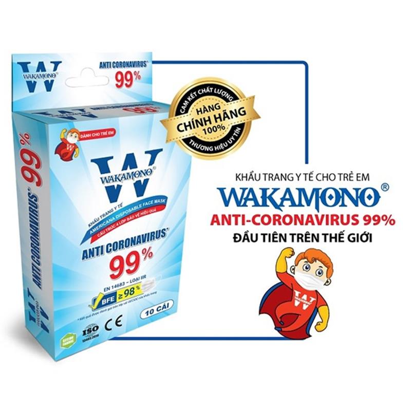 Khẩu Trang Y Tế 4 Lớp Trẻ Em WAKAMONO Diệt Virus Corona 99% (10 Cái/Hộp)